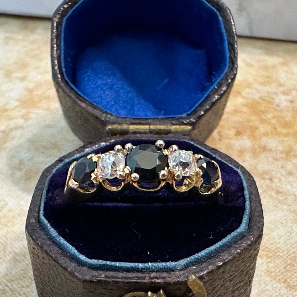 Antique 18K Gold Sapphire & Old Mine Diamond Victorian 5-Stone Ring Size 5.5 - Picture 3 of 15